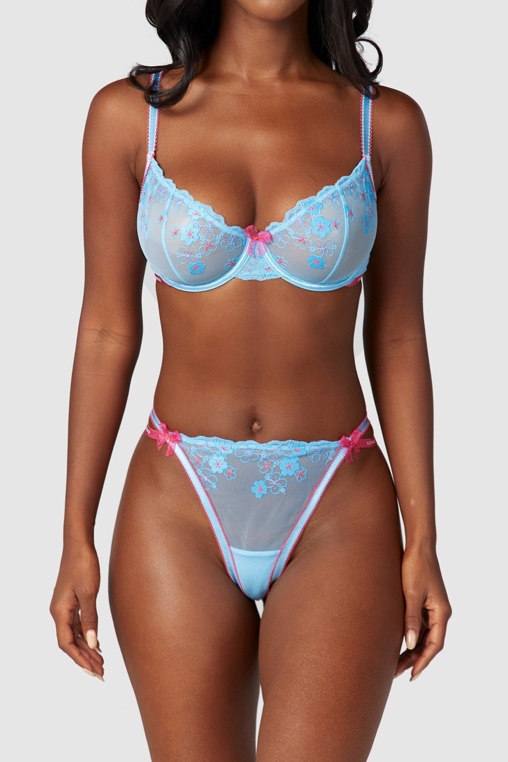 Lounge Underwear Floral Embroidered Balcony Bra & String/Briefs Set Blauw | HG9803715