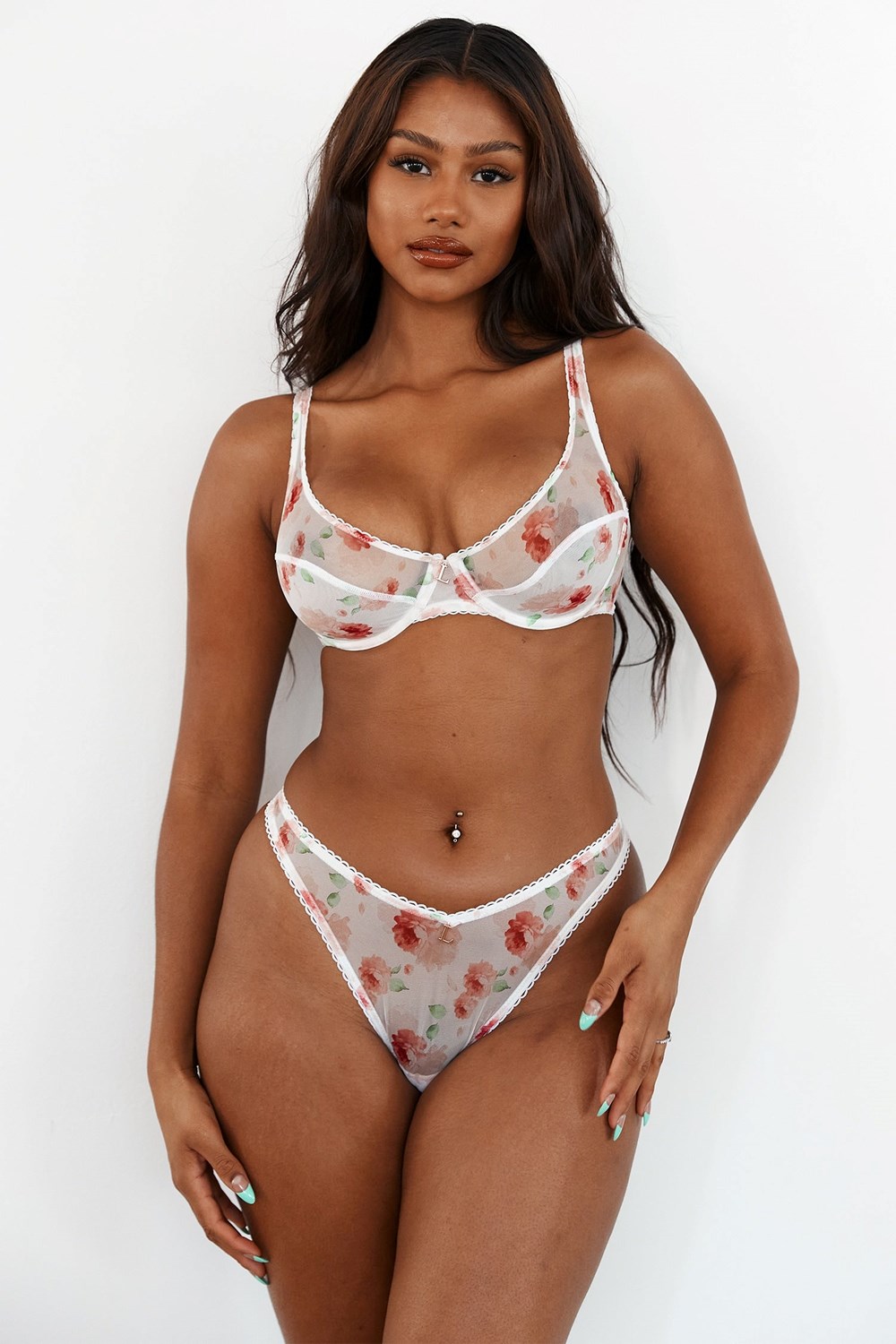 Lounge Underwear Floral Mesh Balcony Bra & String Set Wit | DY4238075