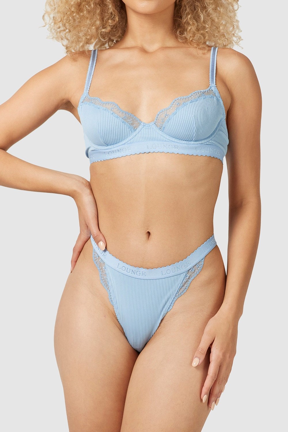 Lounge Underwear Geribbeld Balcony Bra & String/Briefs Set Blauw | SJ9715286