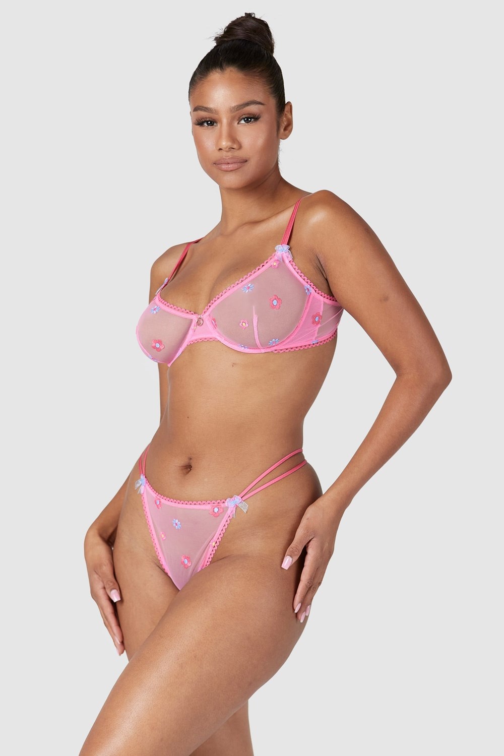 Lounge Underwear Sheer Floral Balcony Bra & String Set Roze | NI7463905