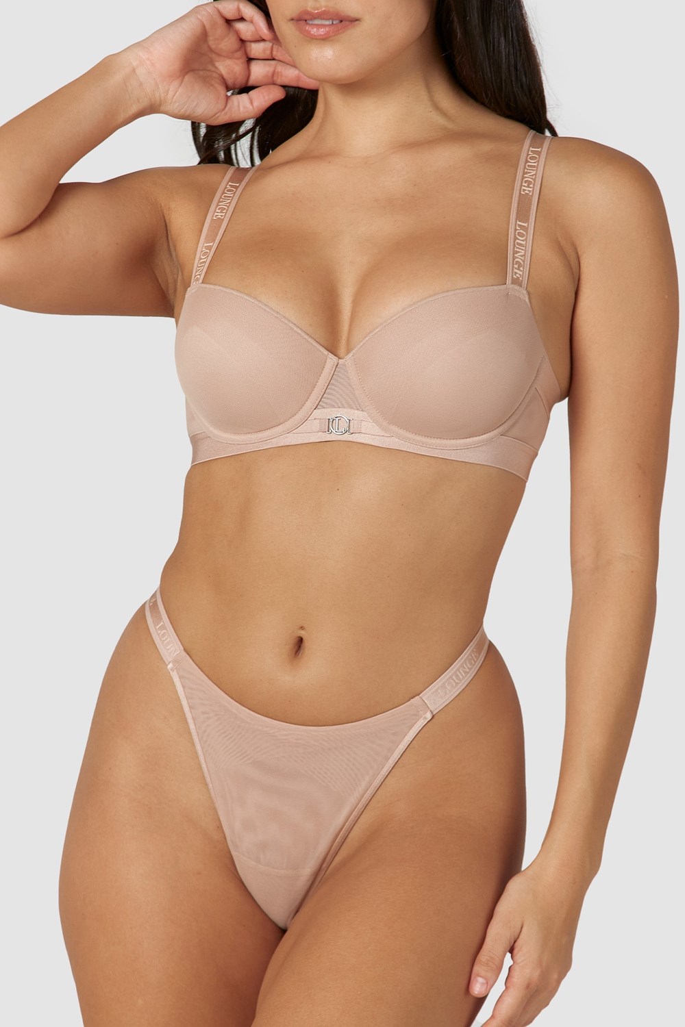 Lounge Underwear Smooth Mesh T-shirt Bra & String/Briefs Set Taupe | VE8126970