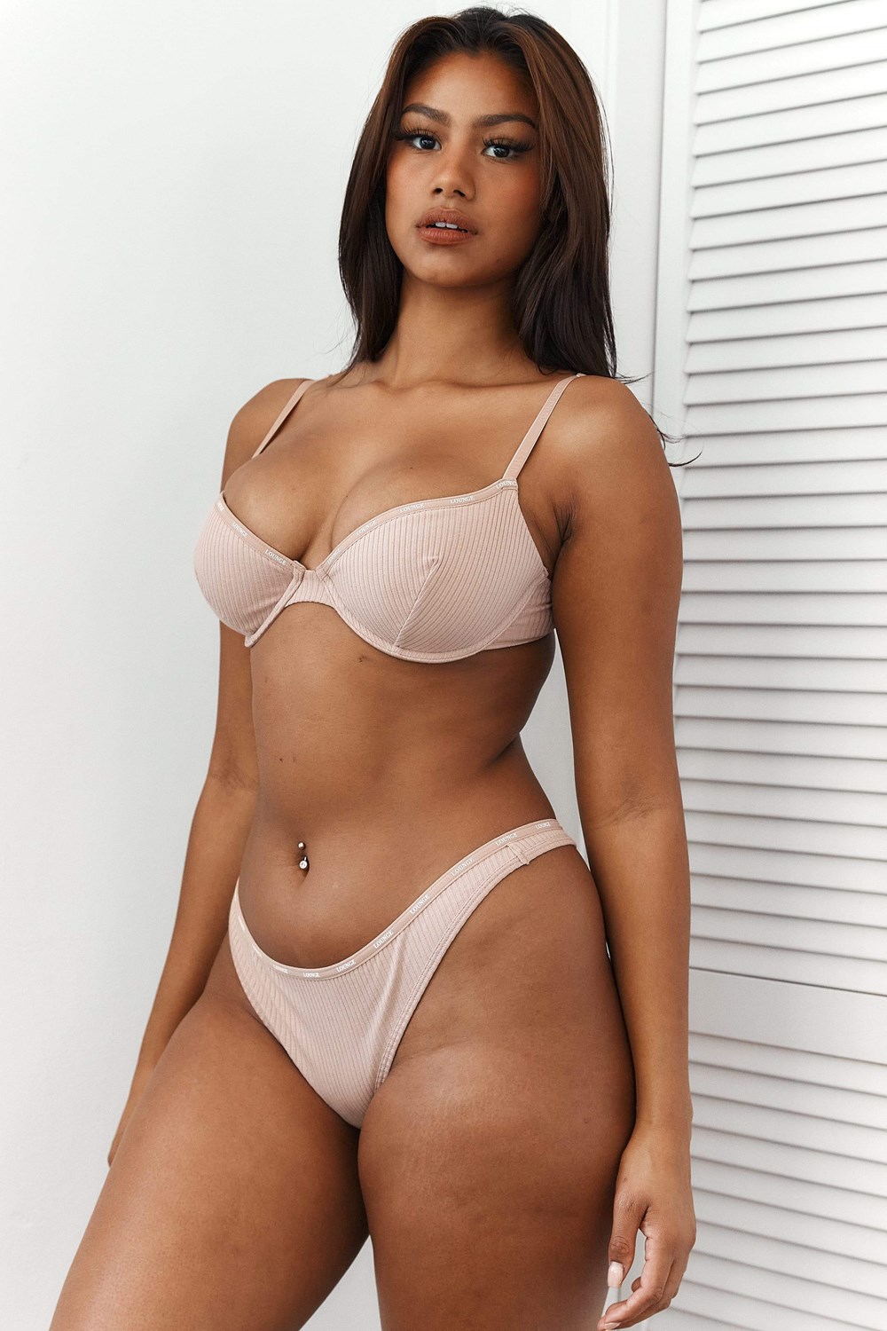 Lounge Underwear So Soft Geribbeld T Shirt Bra & String Set Taupe | XI8512063