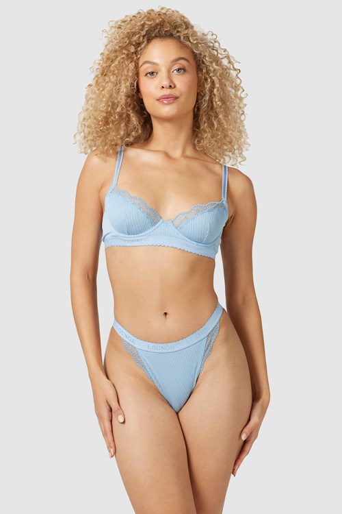 Lounge Underwear Geribbeld Balcony Bra & String/Briefs Set Blauw | SJ9715286